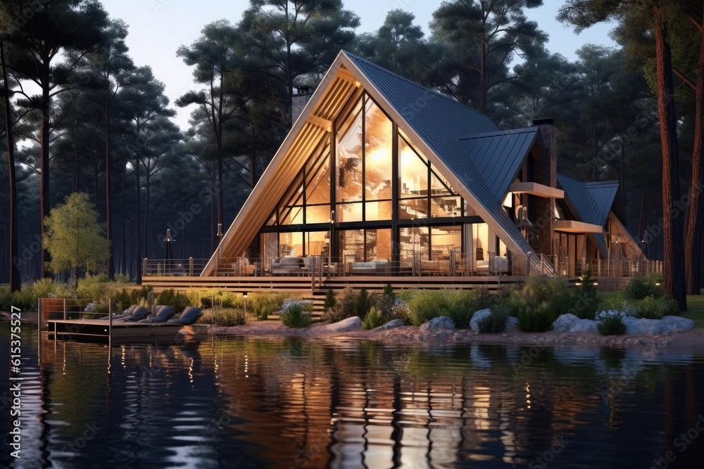 Modern exterior of a luxury villa in a minimal style in forest, Luxury glamping.