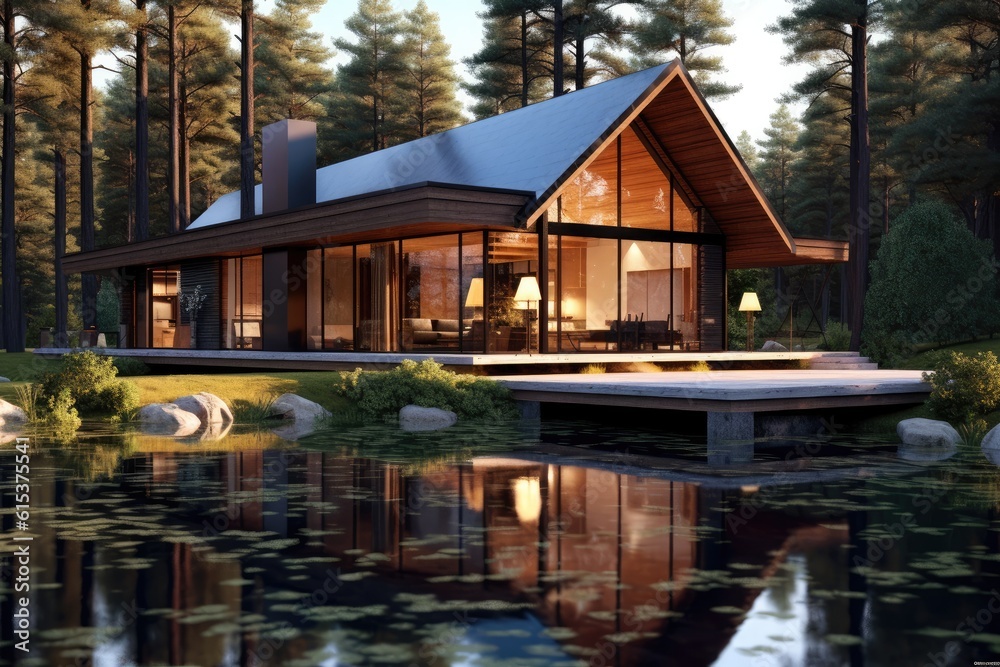 Beautiful modern wooden cottage villa by a lake surrounded by trees in the mountains, Minimal style.