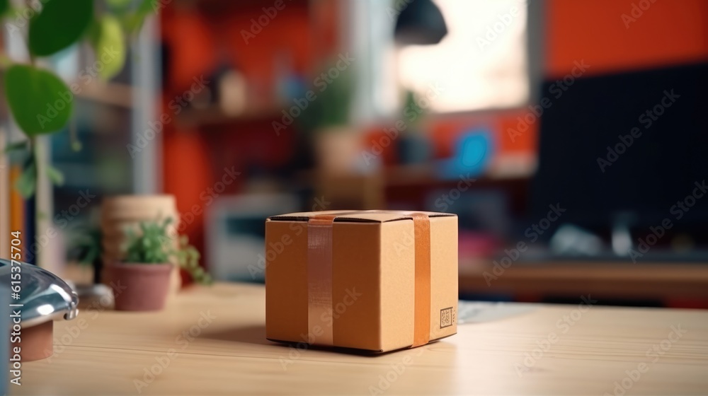 Packing accessories at workplace of startup small business owner, cardboard parcel box for online se