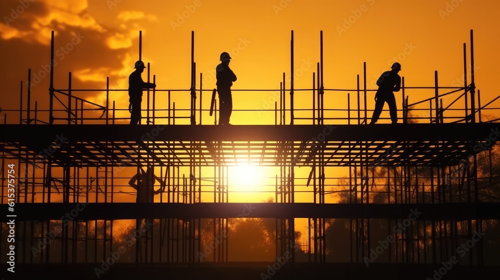 Building workers working on a building under a sunset, Builders at the construction site.