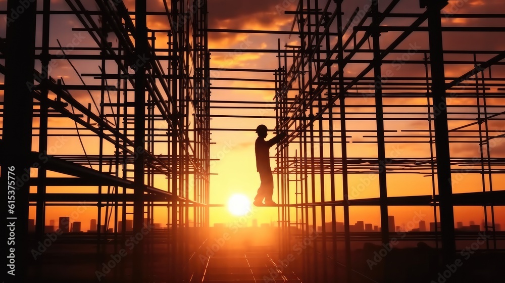 Silhouette group of construction worker are working working on scaffolding in building under constru