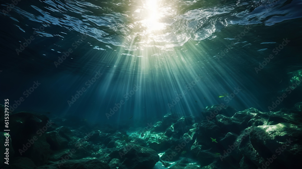 Underwater sunlight through the water surface seen from a rocky seabed with algae. Generative AI