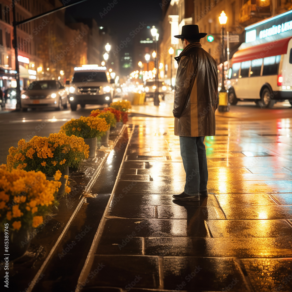 A stylish man on a rainy night. The streets are slick with rain, and the city lights reflect off the