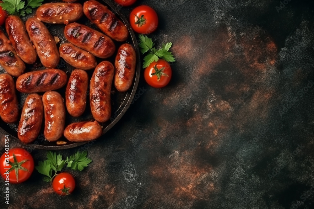 Grilled sausages on concrete background