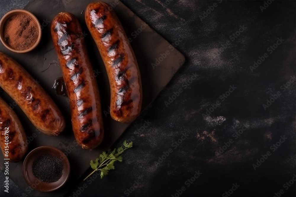 Grilled sausages on concrete background