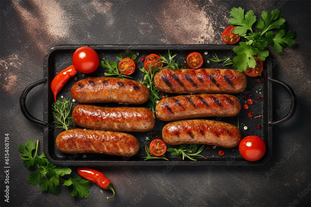 Grilled sausages on concrete background