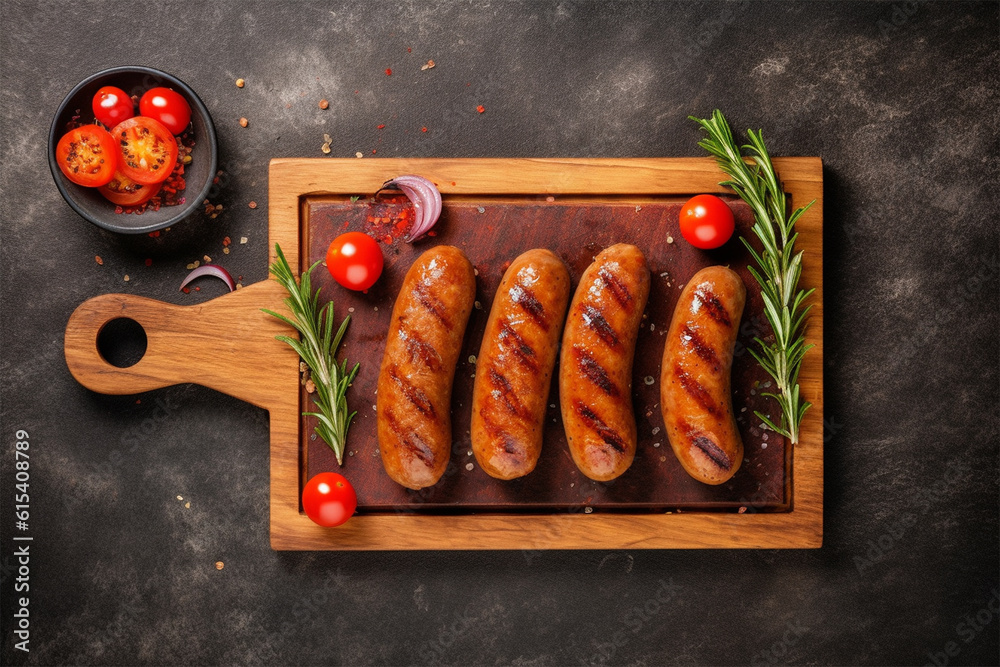 Grilled sausages on concrete background