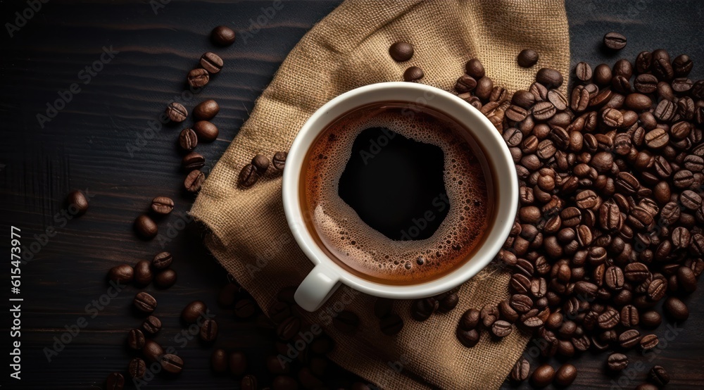 Top view of Cup of coffee and coffee beans in a sack on dark background