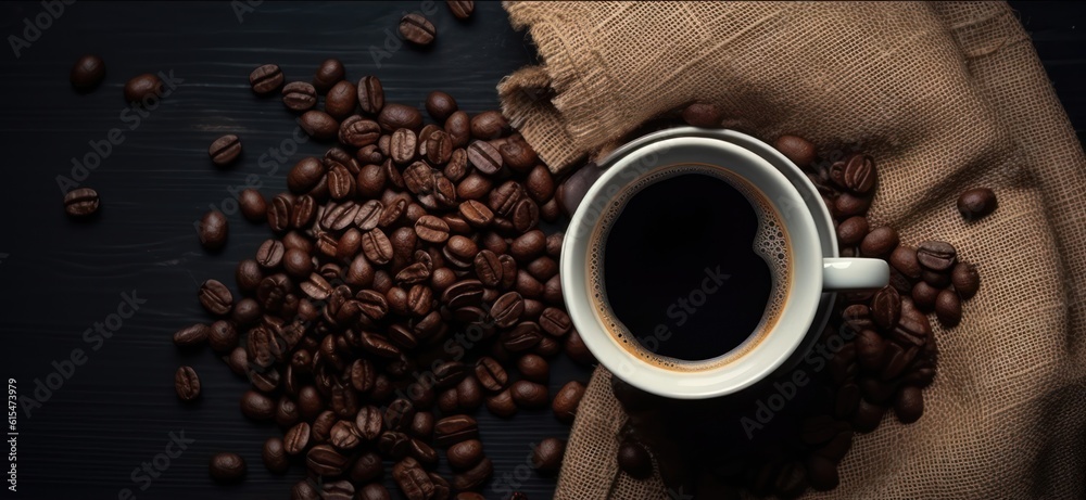 Top view of Cup of coffee and coffee beans in a sack on dark background