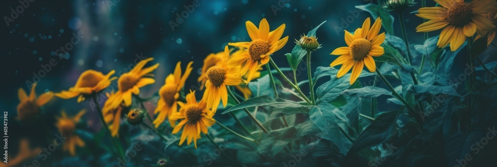 Yellow sunflower like heliopsis flowers on dark green background