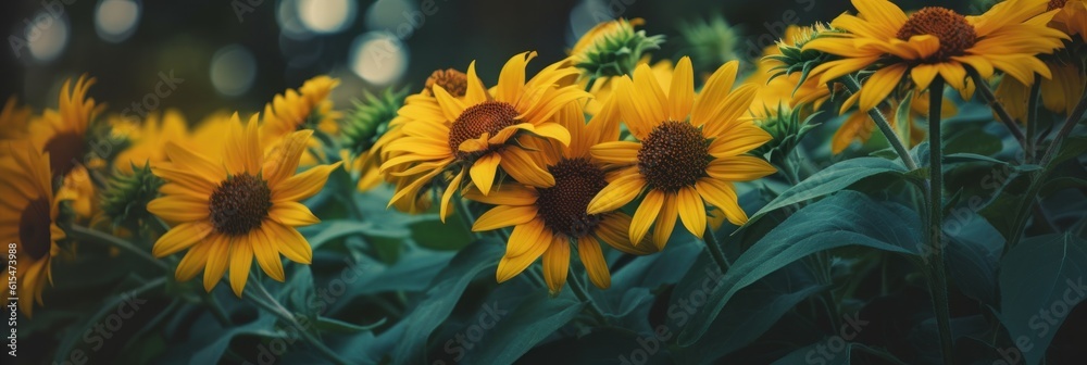 Yellow sunflower like heliopsis flowers on dark green background