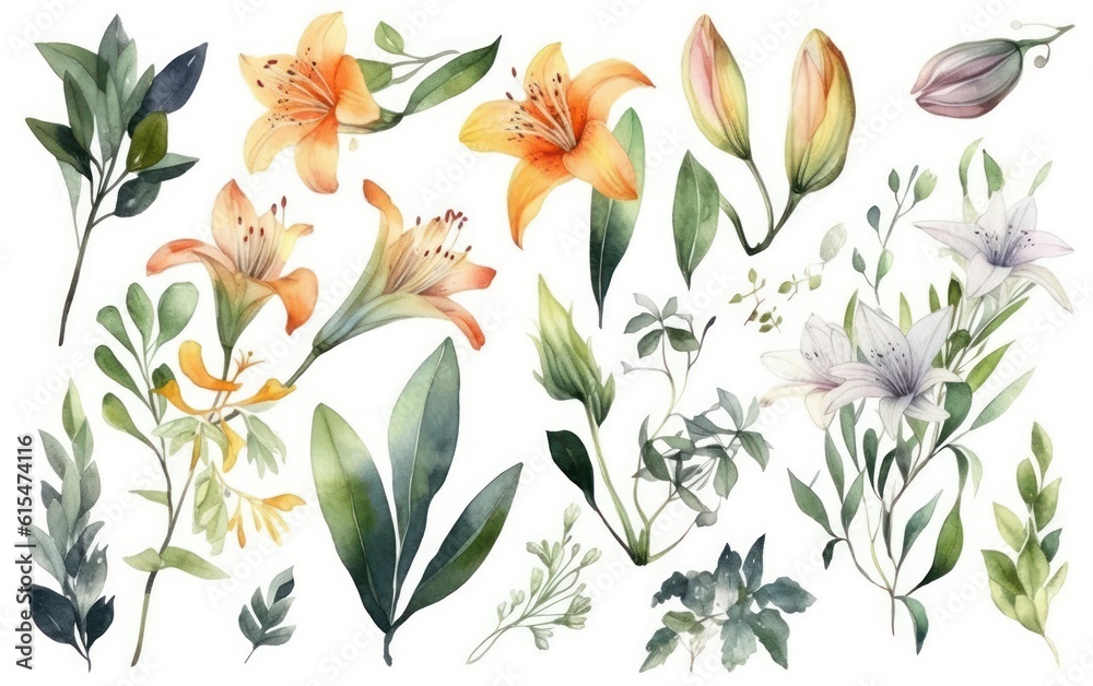 Watercolor lily flowers and green leaves. Botanical design elements set