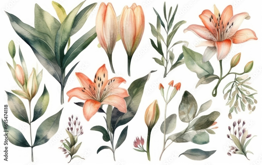 Watercolor lily flowers and green leaves. Botanical design elements set