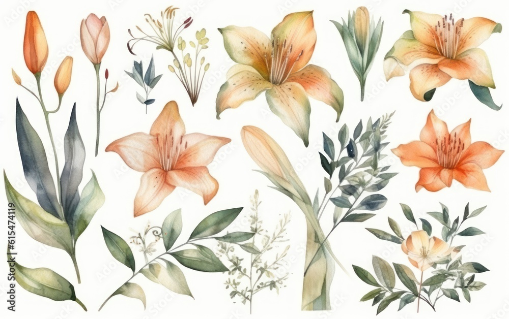 Watercolor lily flowers and green leaves. Botanical design elements set