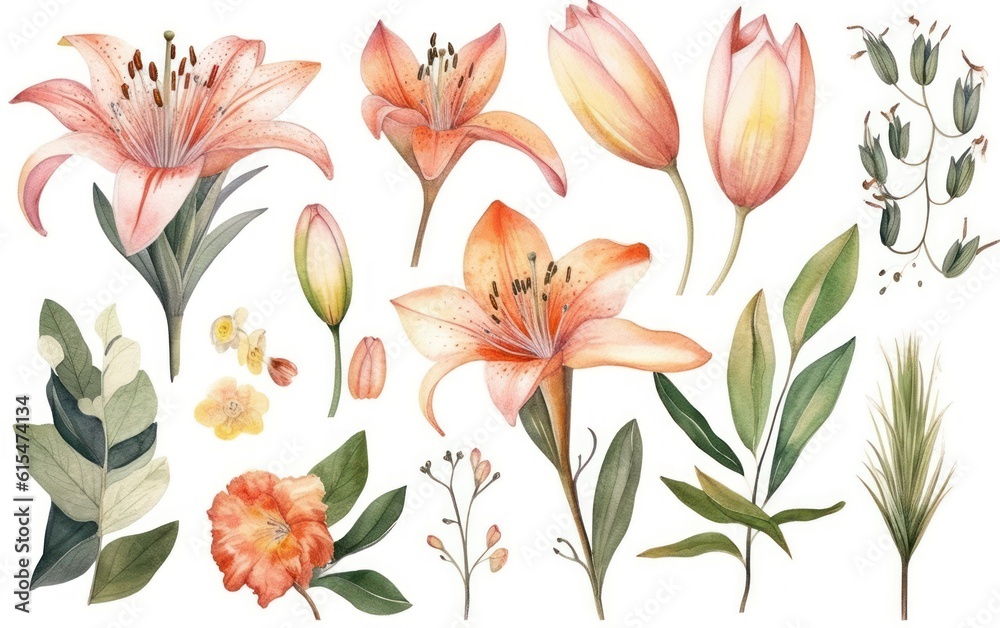 Watercolor lily flowers and green leaves. Botanical design elements set