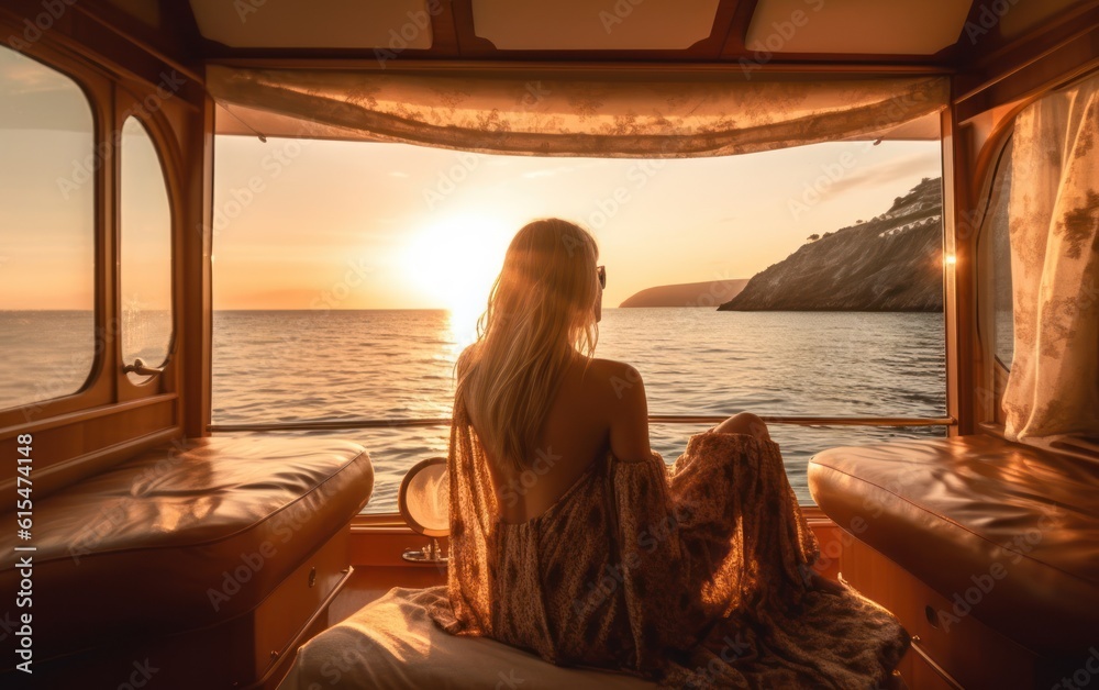 view from behind woman relaxing on a luxury boat