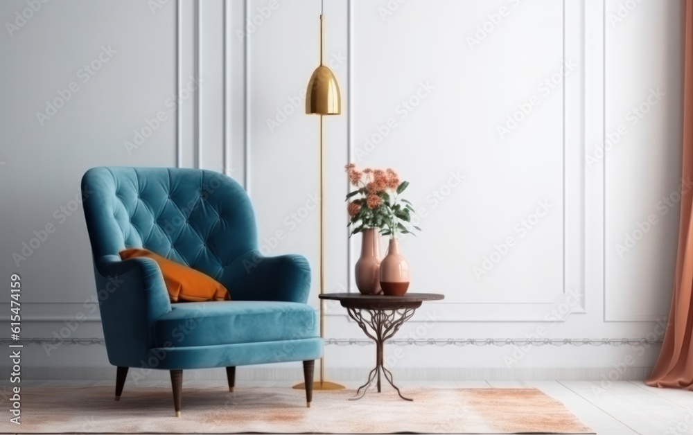 Wall mock up in warm tones with blue armchair on white wall background