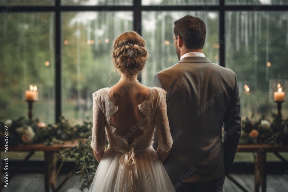 View from behind of a beautiful bride and groom on their wedding day