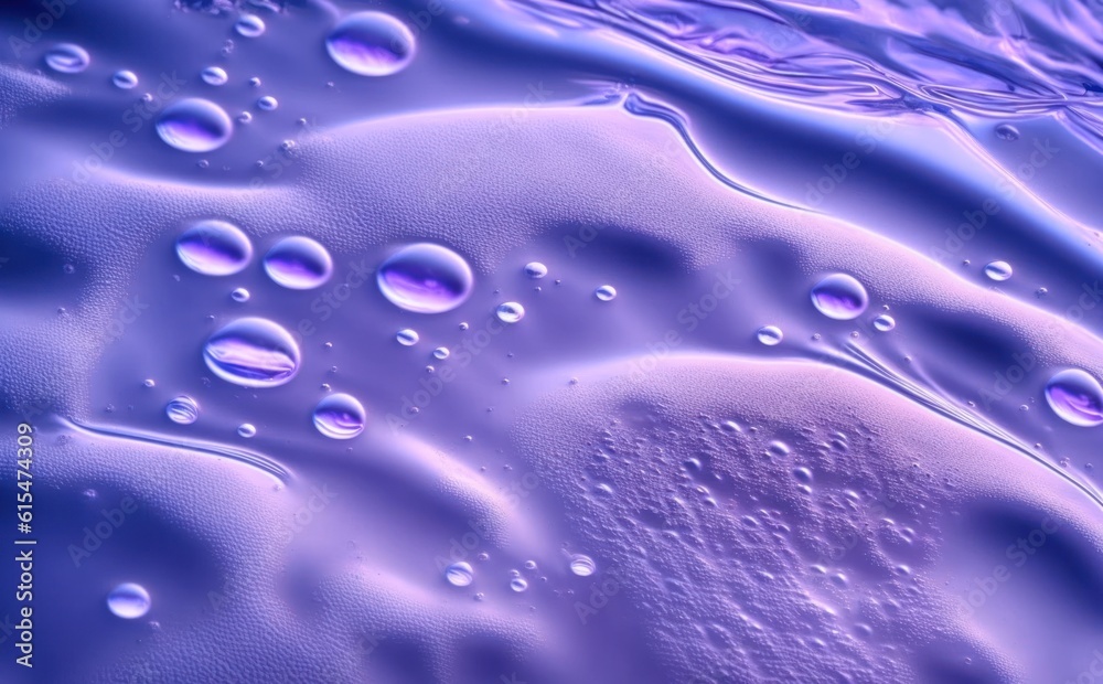 Texture of transparent light violet blue gel with air bubbles and waves on soft background