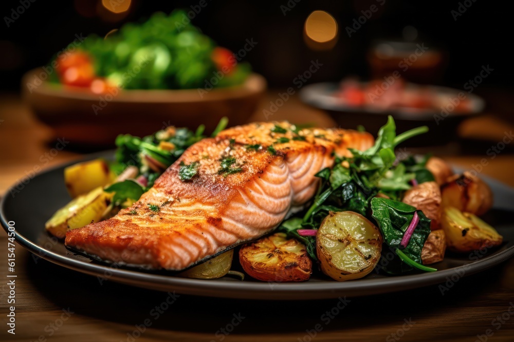 Seared salmon steak with fried potatoes and fresh vegetable salad served on wooden table