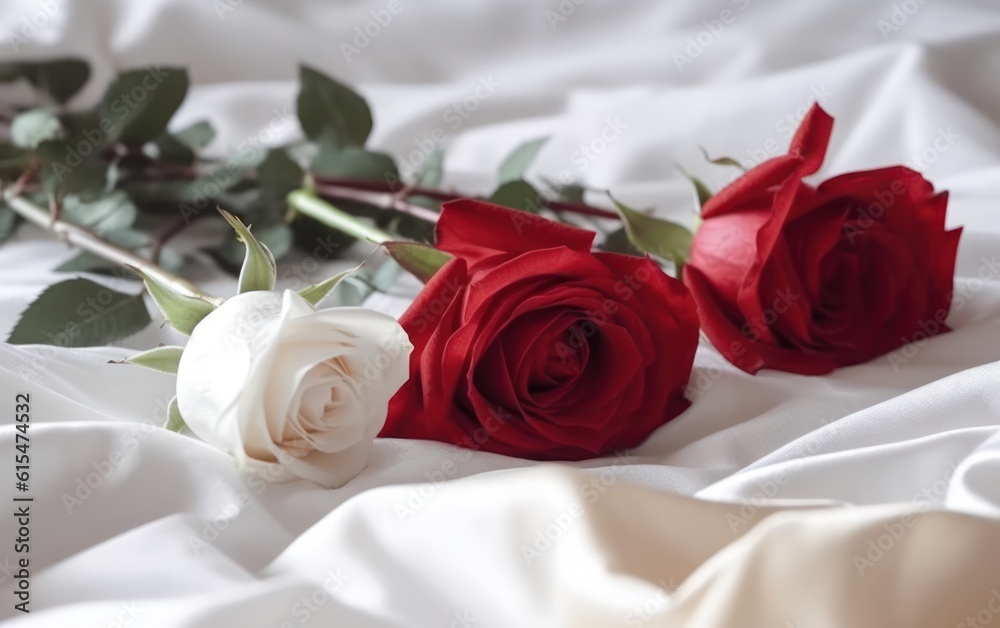 Red and white roses on white sheets with copy space. Closeup of beautiful flowers