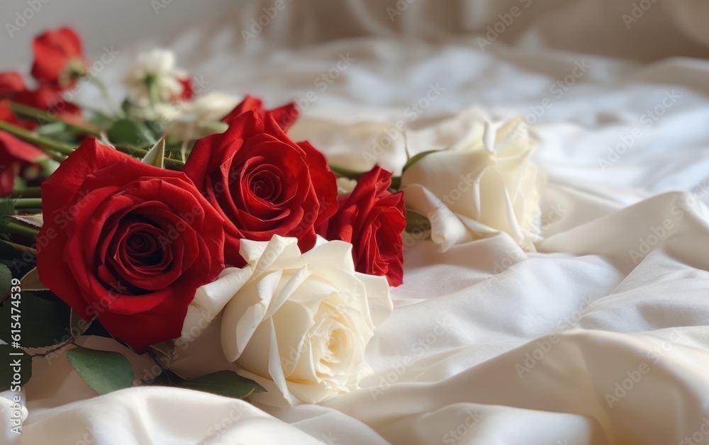 Red and white roses on white sheets with copy space. Closeup of beautiful flowers