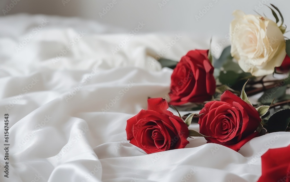 Red and white roses on white sheets with copy space. Closeup of beautiful flowers