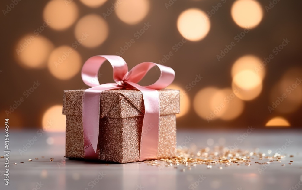 present in kraft paper with pink ribbon on soft beige background with glitter and bokeh, top