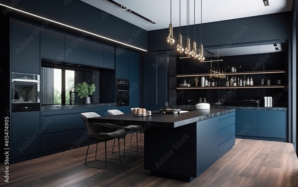 Modern dark blue kitchen and minimalist interior design.