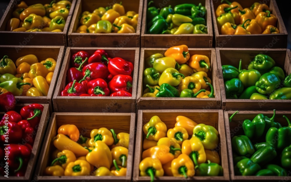 Many fresh yellow, green and red sweet bulgarian peppers in wooden boxes. Farmers market