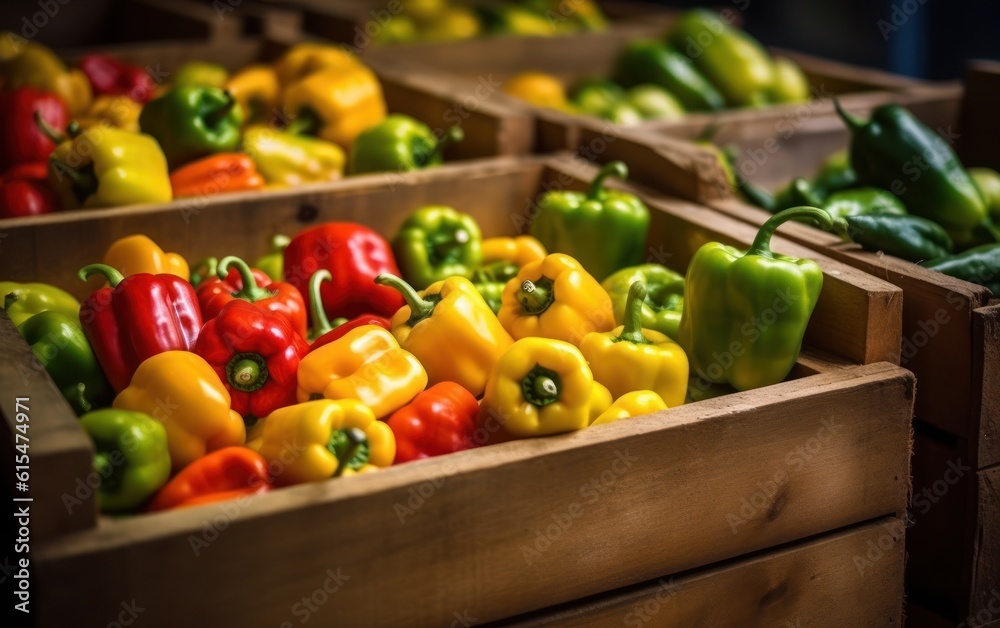 Many fresh yellow, green and red sweet bulgarian peppers in wooden boxes. Farmers market