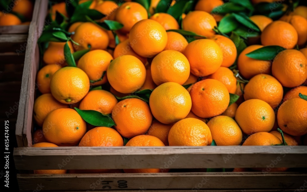 Many fresh oranges and tangerines in wooden boxes. Farmers market