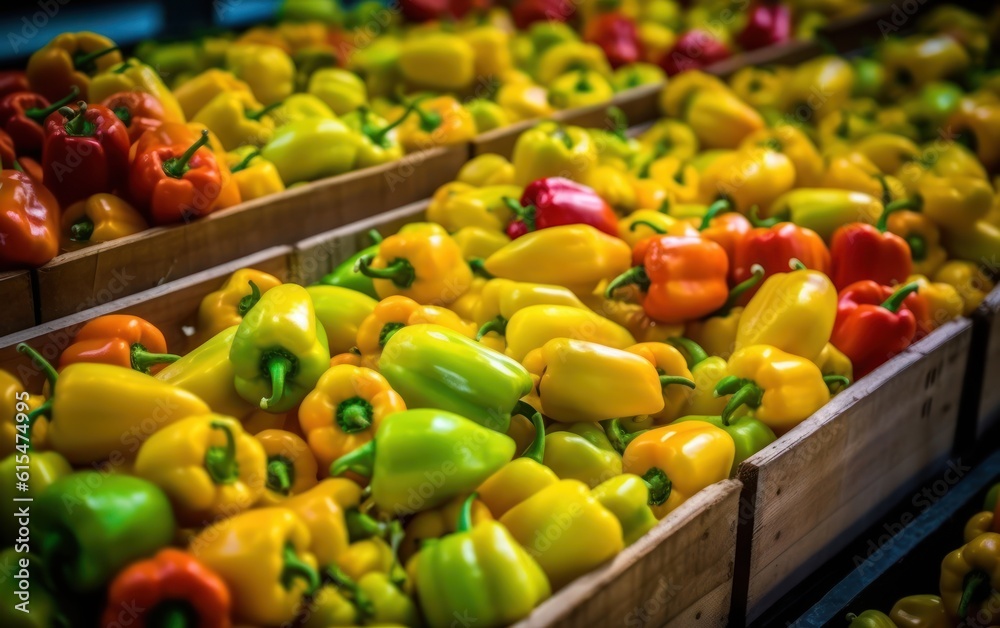 Many fresh yellow, green and red sweet bulgarian peppers in wooden boxes. Farmers market