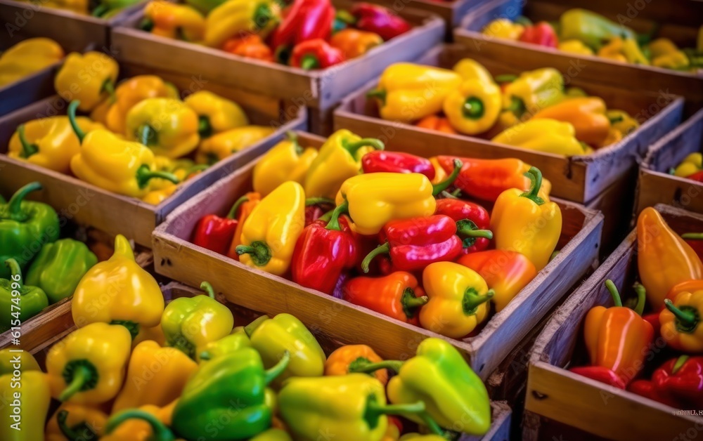 Many fresh yellow, green and red sweet bulgarian peppers in wooden boxes. Farmers market