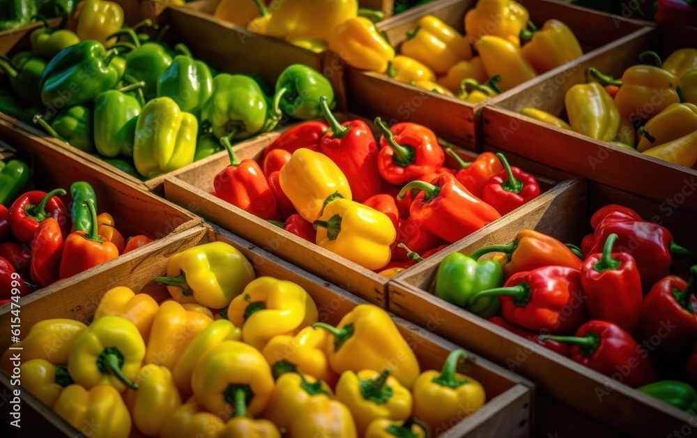 Many fresh yellow, green and red sweet bulgarian peppers in wooden boxes. Farmers market