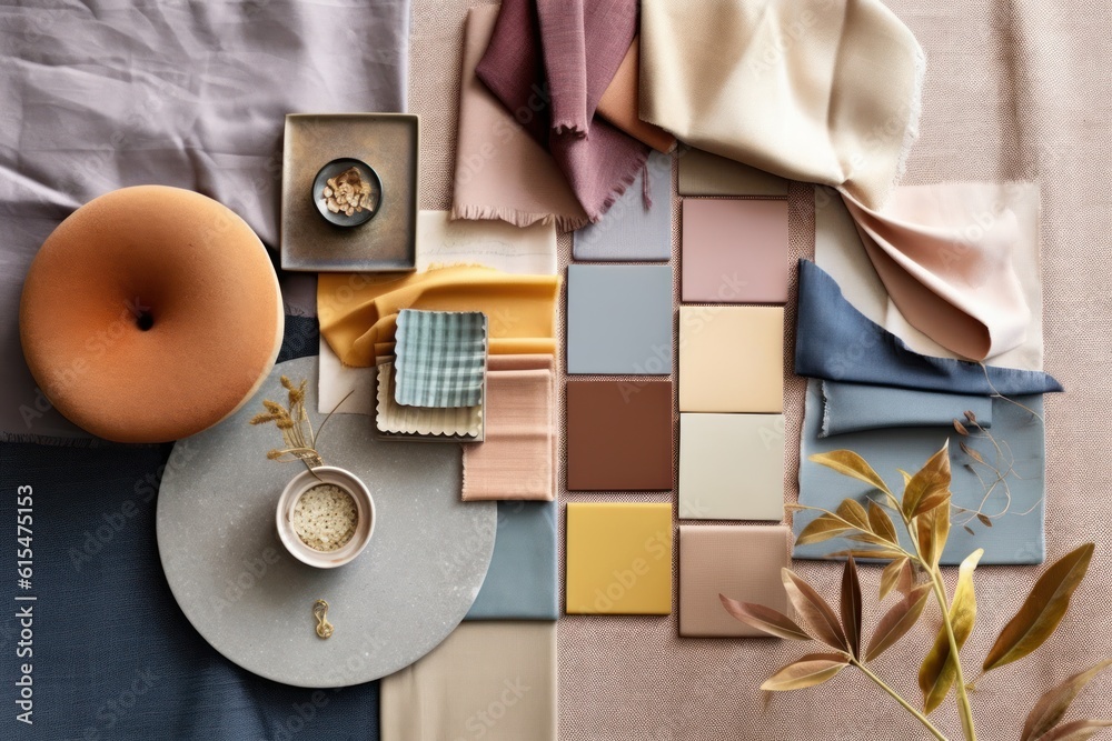 Interior design mood board with fabric and paint swatches