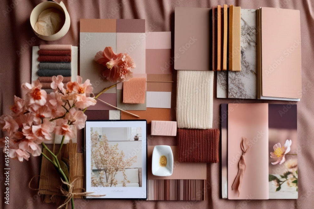 Interior design mood board with fabric and paint swatches