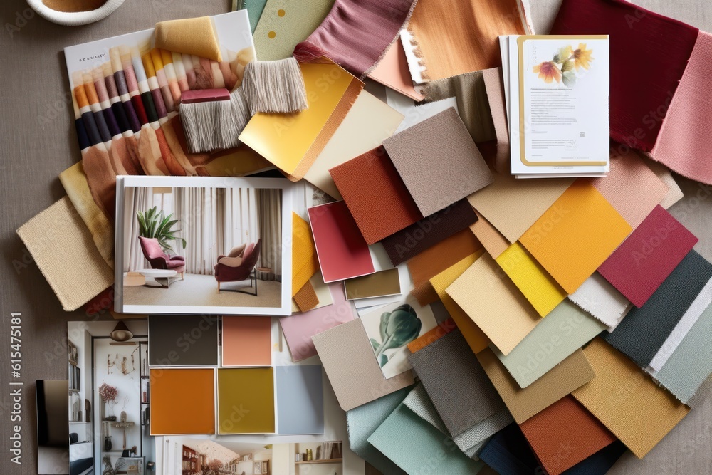 Interior design mood board with fabric and paint swatches