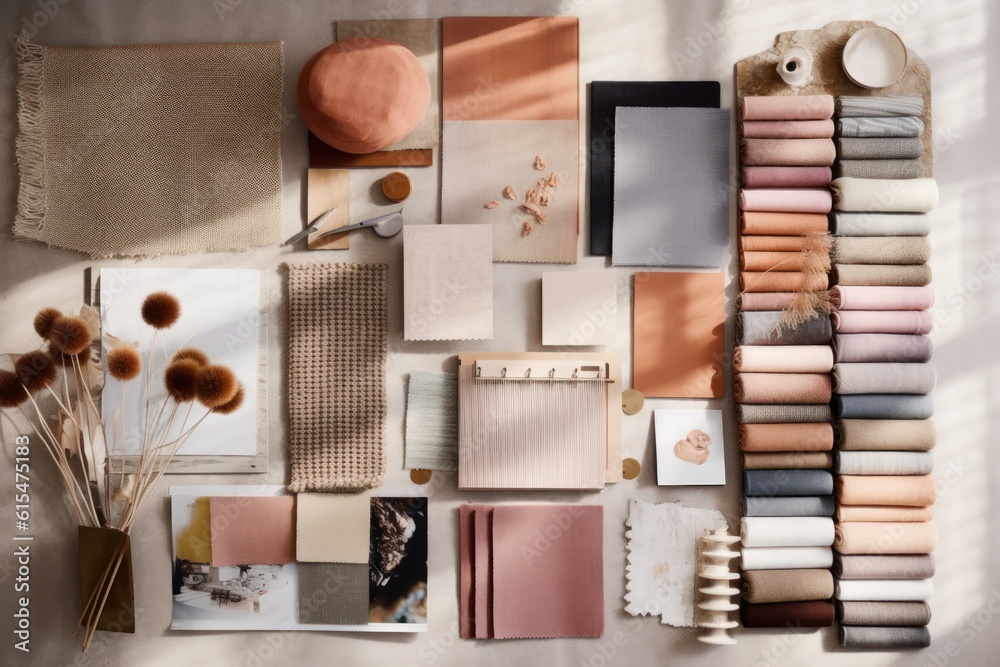 Interior design mood board with fabric and paint swatches