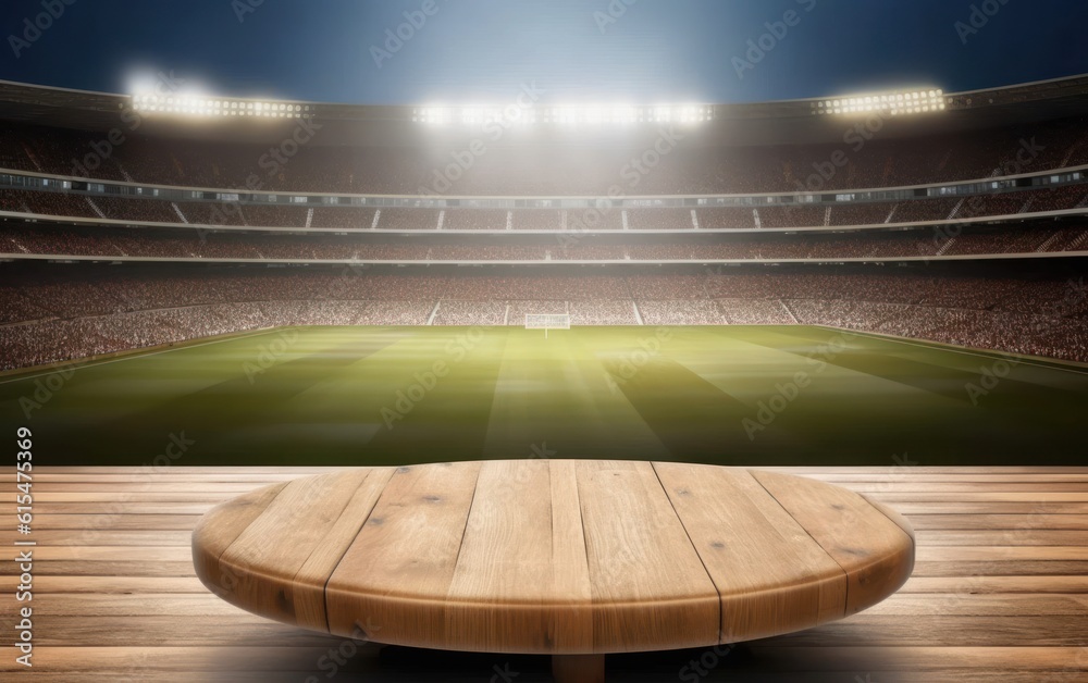 Empty wooden table top product display showcase stage with large sports stadium background