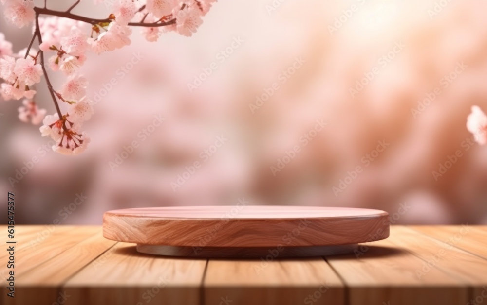 Empty wooden table top product display showcase stage with spring cherry blossom background