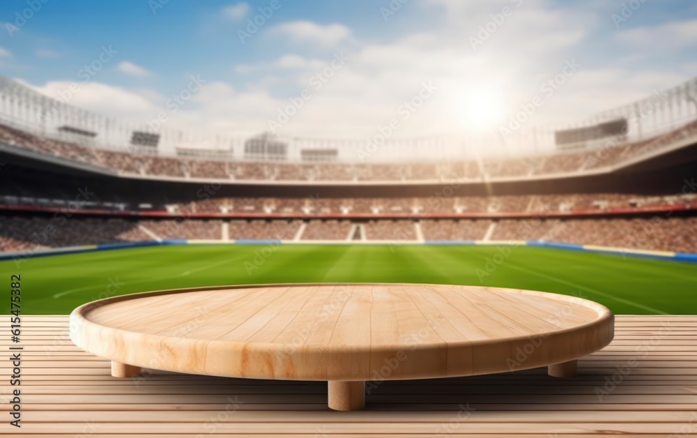 Empty wooden table top product display showcase stage with large sports stadium background