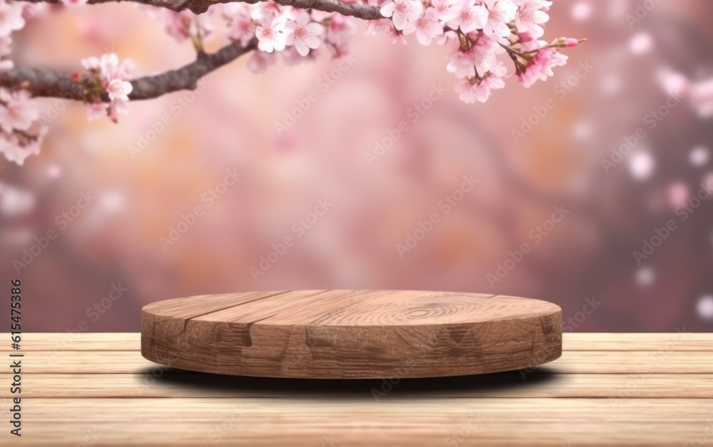 Empty wooden table top product display showcase stage with spring cherry blossom background