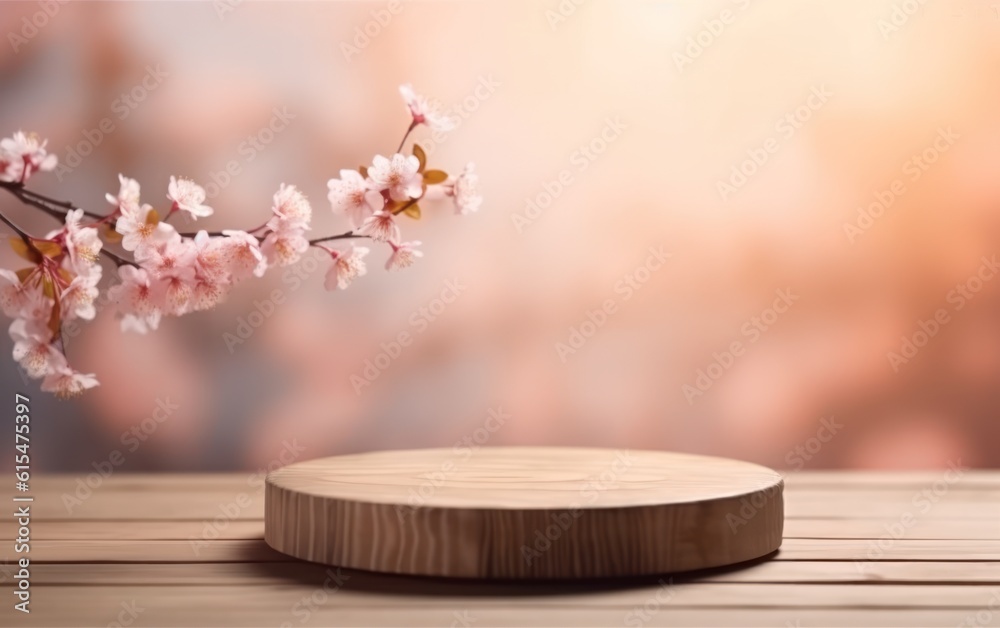 Empty wooden table top product display showcase stage with spring cherry blossom background