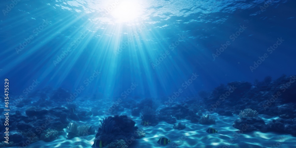 Empty blue underwater with sunlight shine to sand sea floor, deep ocean