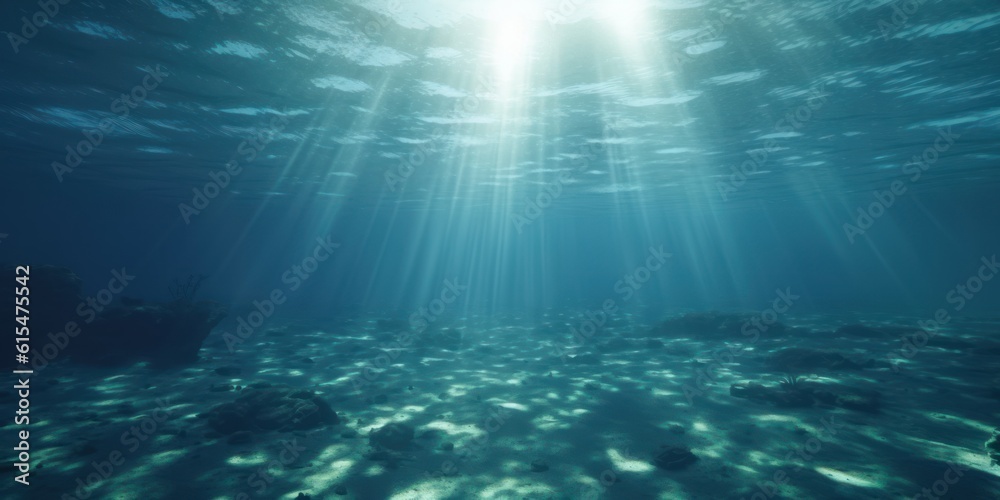 Empty blue underwater with sunlight shine to sand sea floor, deep ocean