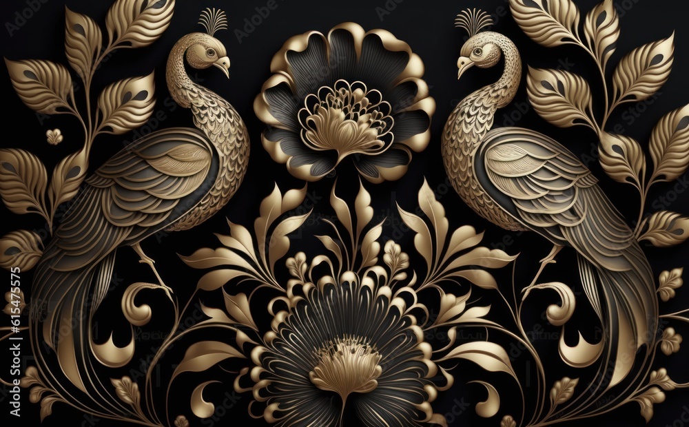 Elegant leather base golden floral seamless damask flowers with golden peacocks isolated