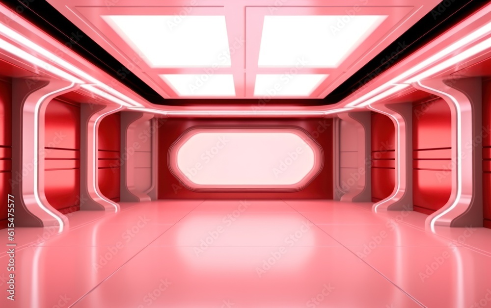 Empty light red studio room futuristic Sci Fi big hall room with lights red Future background