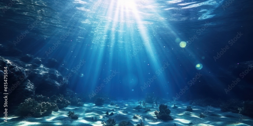 Empty blue underwater with sunlight shine to sand sea floor, deep ocean