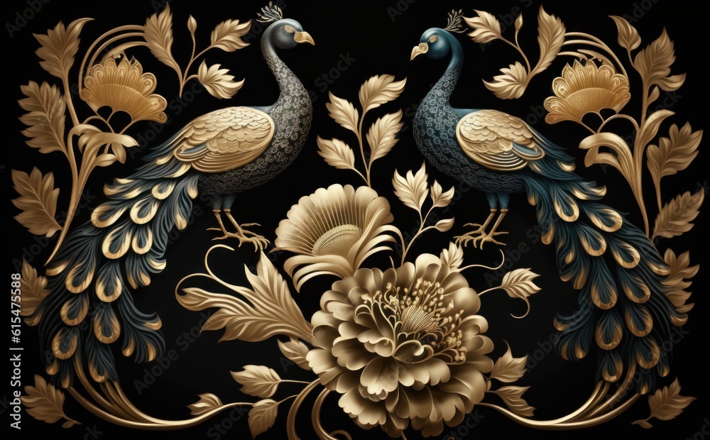 Elegant leather base golden floral seamless damask flowers with golden peacocks isolated